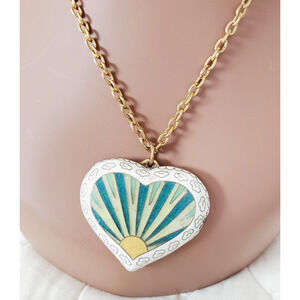 Vintage CLOISONNE 80s Sunshine Heart Pendant Necklace on Gold Chain 14" White